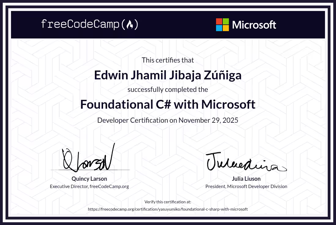 Certificado freeCodeCamp — Foundational C# with Microsoft