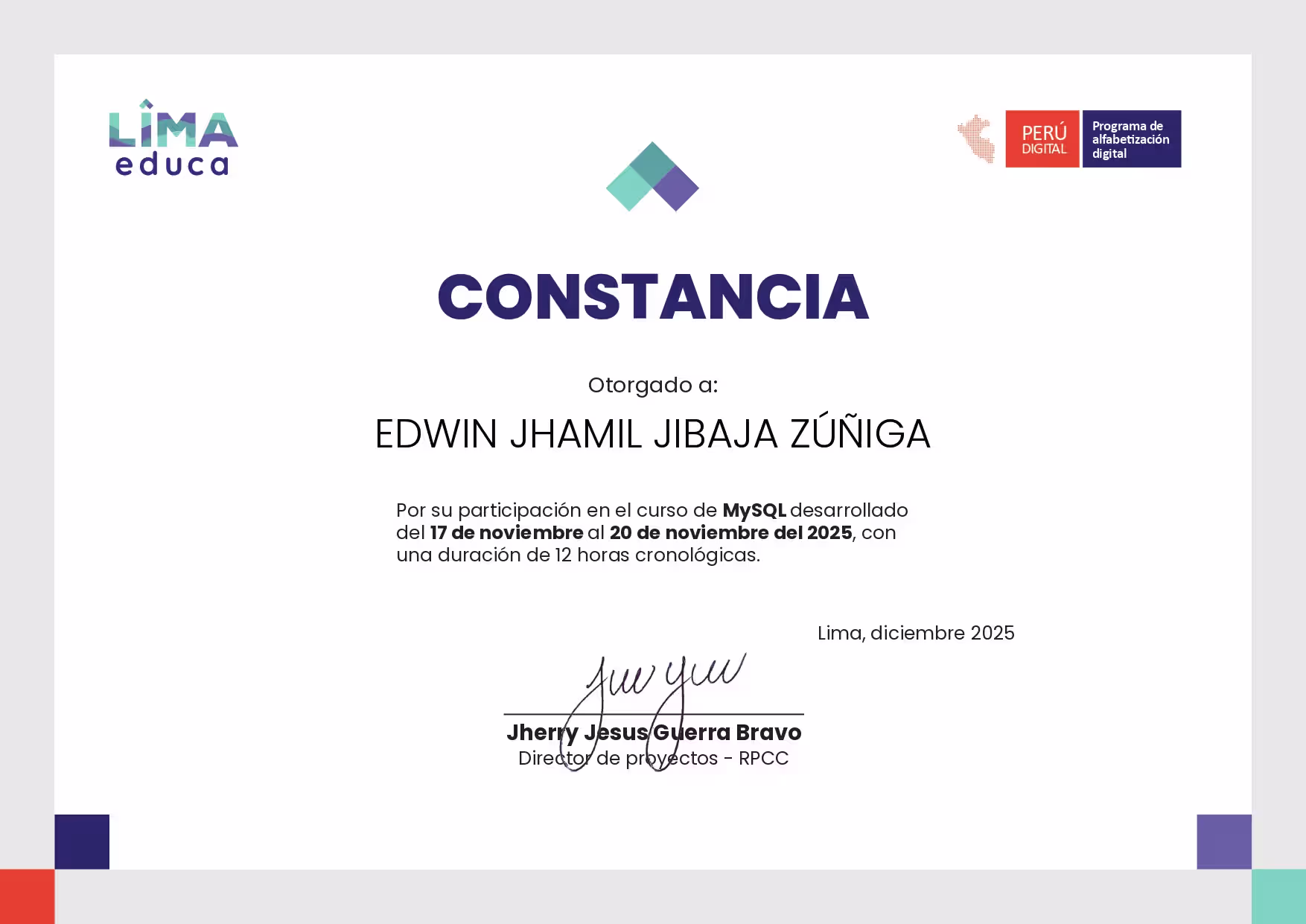 Constancia de participación Skill — Curso MySQL